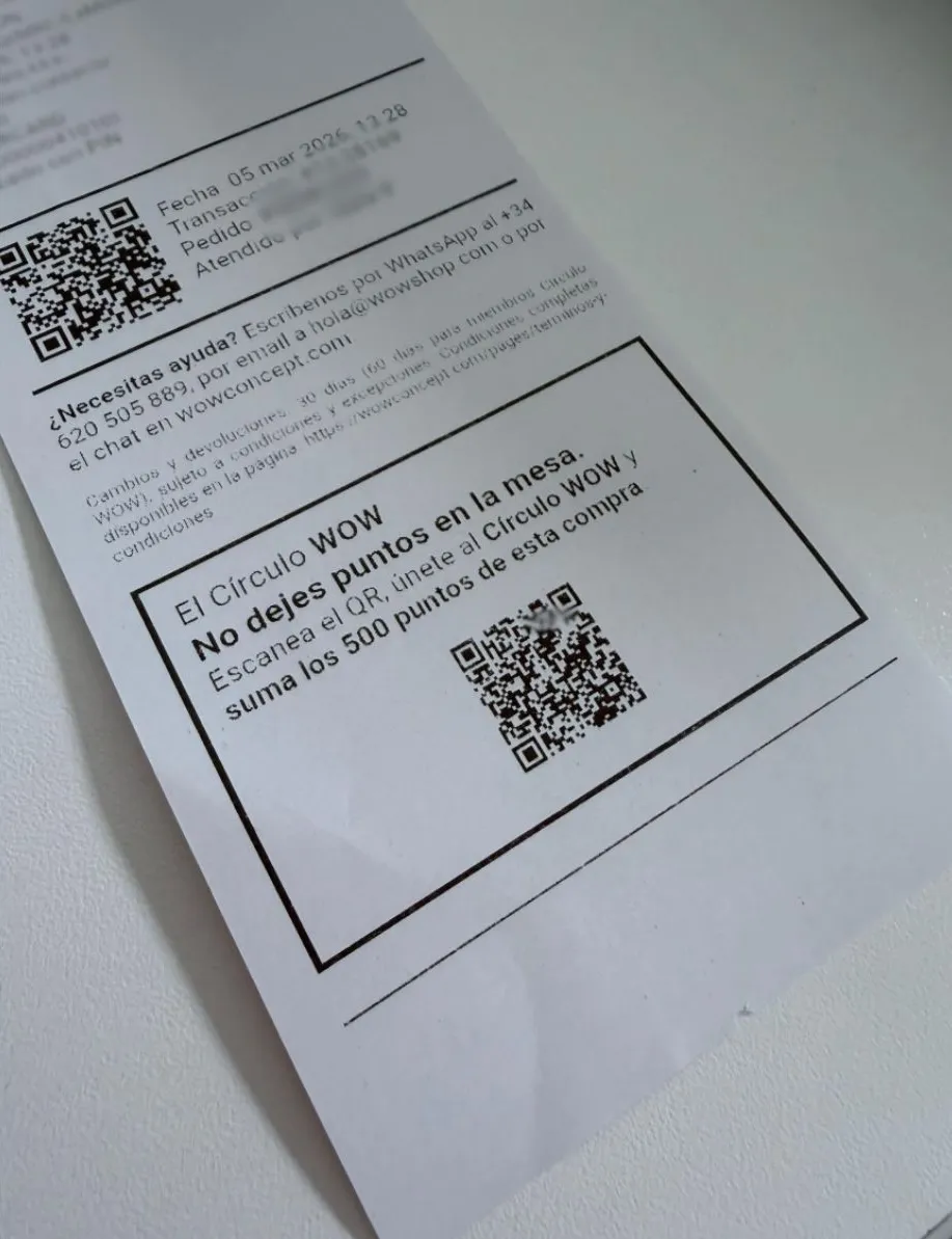 WOW Concept receipt with QR code inviting customers to join El Círculo WOW loyalty program