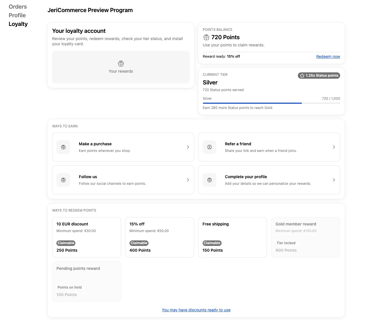 Loyalty tab inside Shopify New Customer Accounts showing points balance and tier
