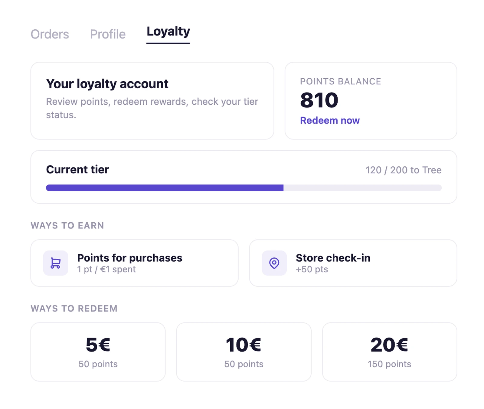 Loyalty tab inside Shopify New Customer Accounts showing points balance, tier progress, ways to earn, and rewards