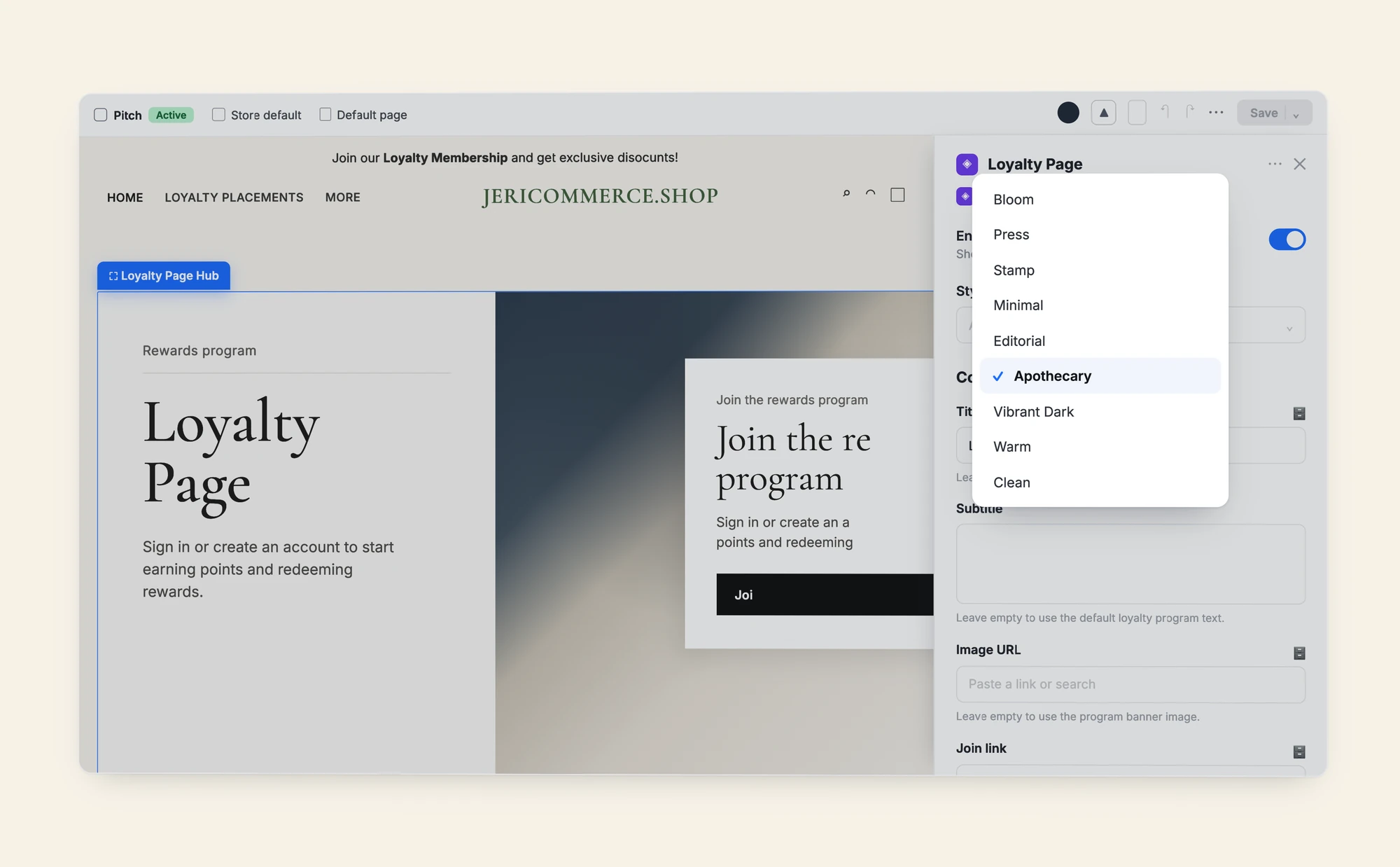 Shopify theme editor showing the Loyalty Hub with style preset options