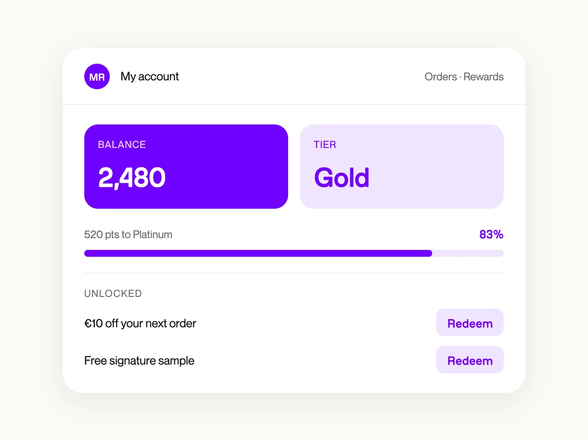 Loyalty dashboard inside the Shopify customer account: balance, tier, unlocked rewards