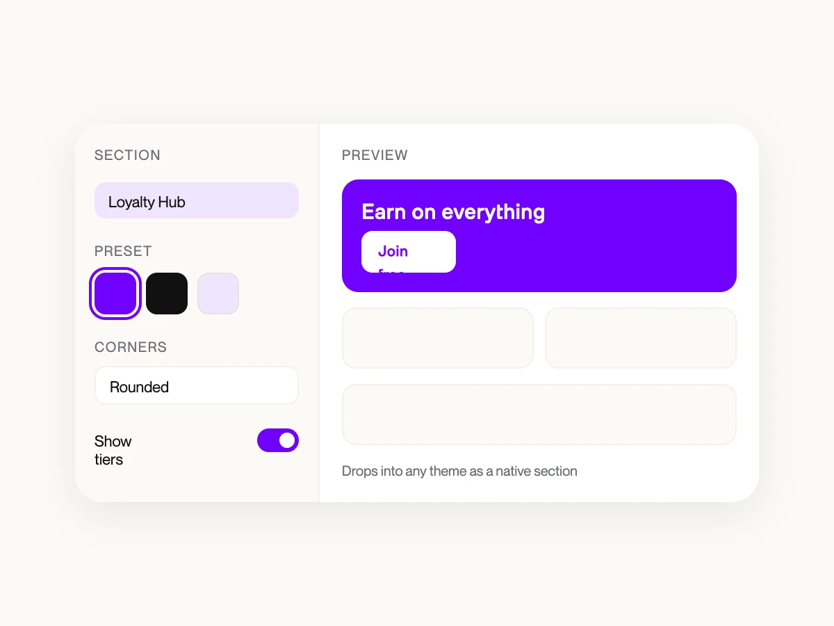 Shopify theme editor showing the Loyalty Hub section with style presets and editable blocks