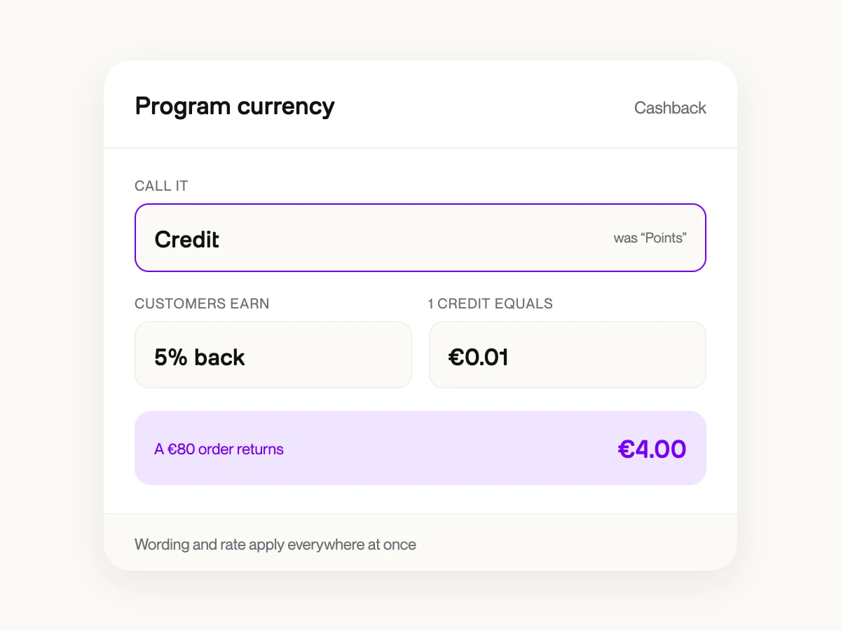 Loyalty balance renamed to euros with 5% earn rate configuration