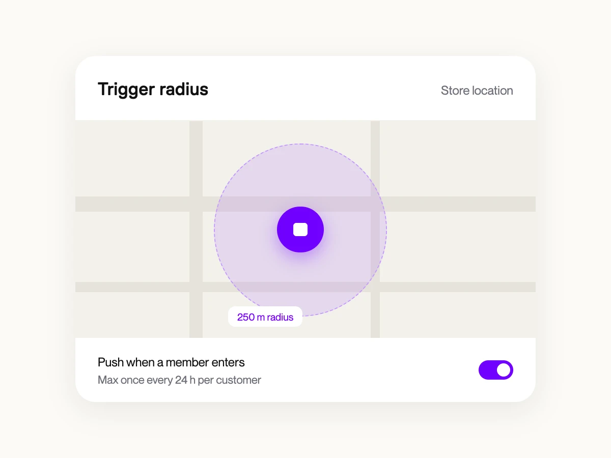 Store map showing wallet push trigger radius with a lock-screen notification when the customer enters