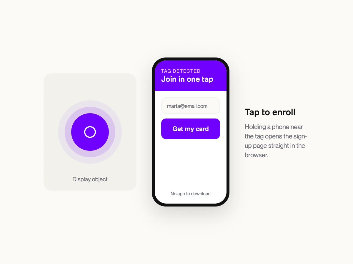 Customer tapping phone on a store object with an NFC tag that opens the enrollment URL
