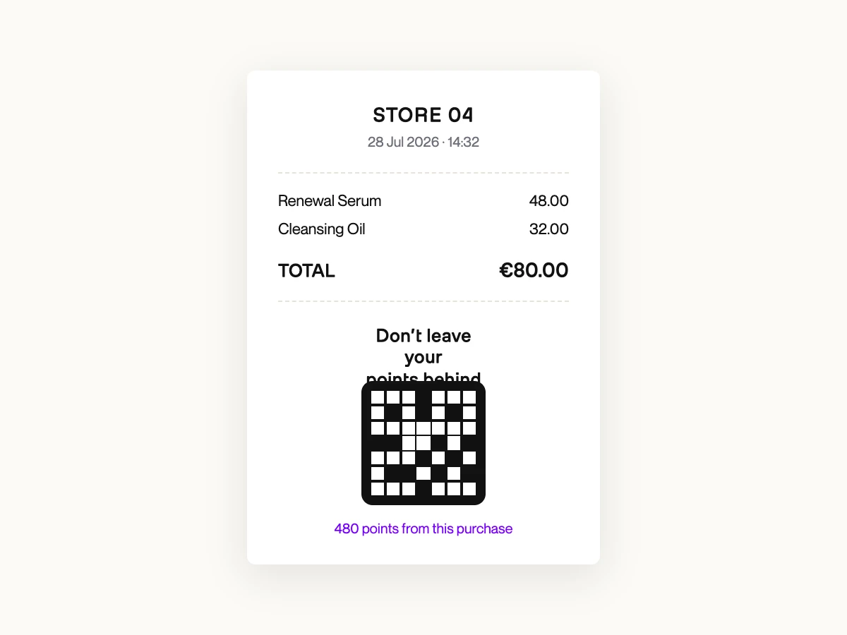 Shopify POS receipt with QR code and 'Don't leave your points behind' message for loyalty enrollment