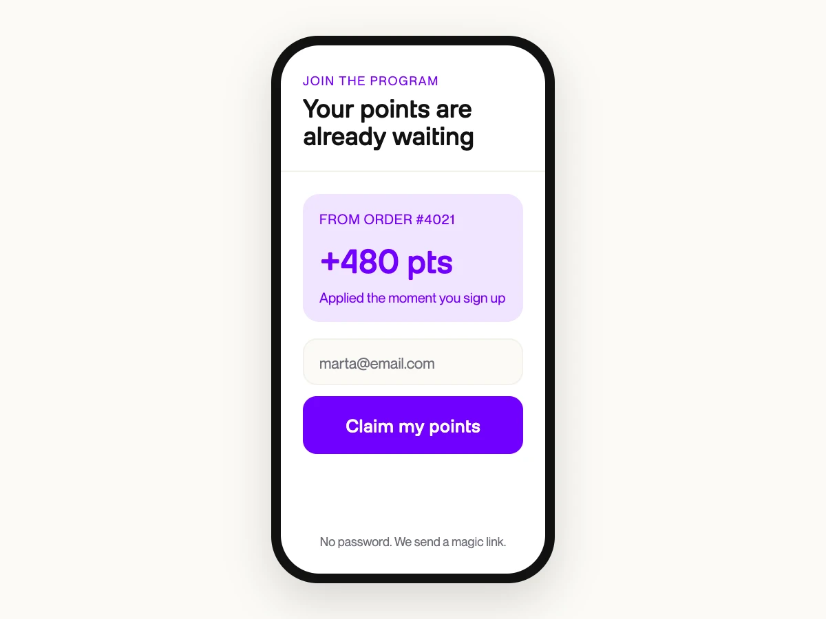 Loyalty sign-up screen showing retroactive points from the purchase credited to the balance