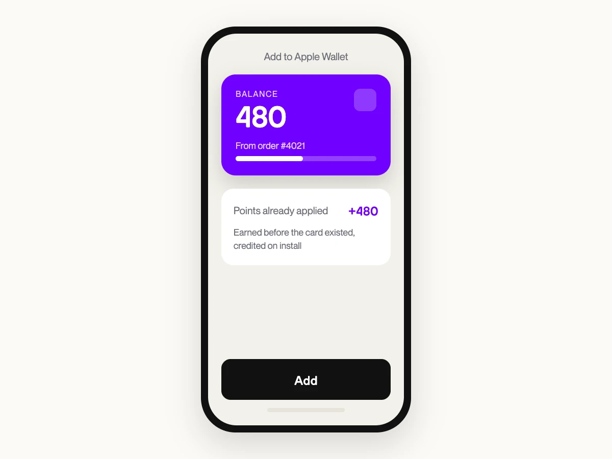 Wallet pass downloading to the customer's phone with purchase points already applied