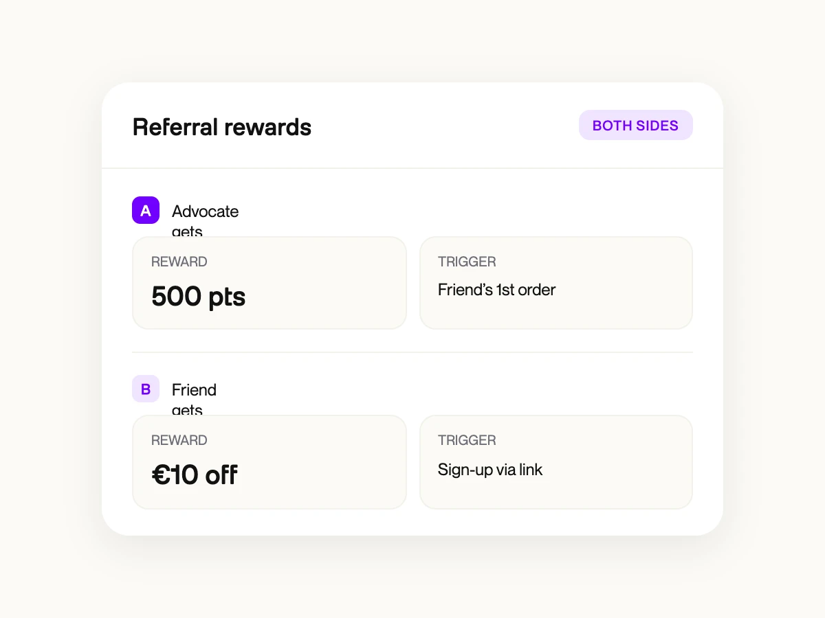 Dual reward configuration showing points for the advocate and welcome discount for the friend