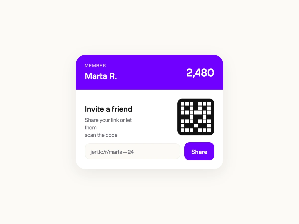 Wallet pass with active share action and QR code visible, both paths to a referral