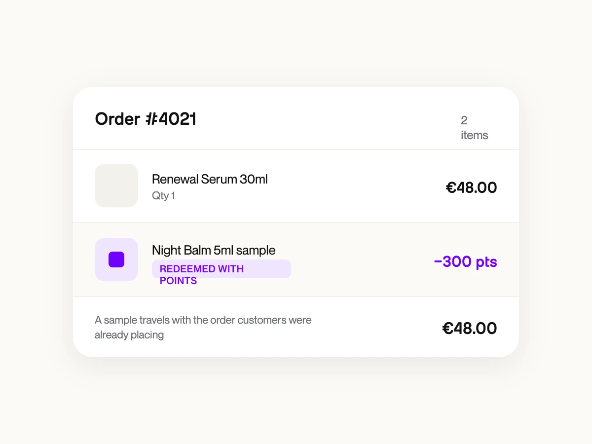 Beauty brand sending a sample as a loyalty reward alongside a regular order