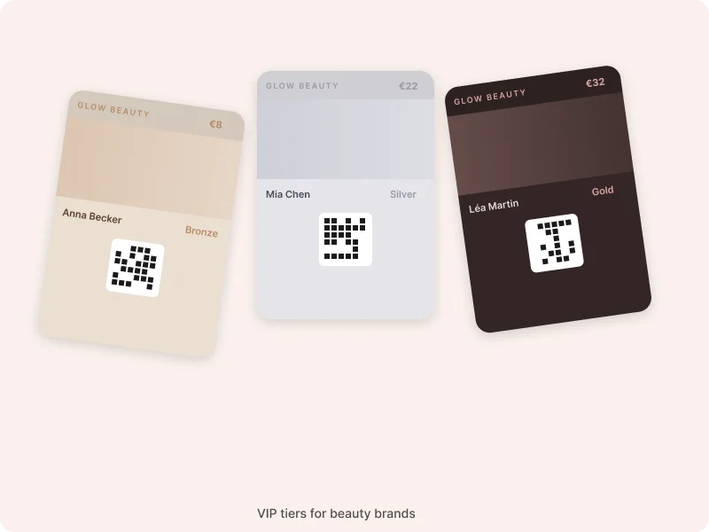 Beauty brand VIP tier wallet passes showing different membership levels