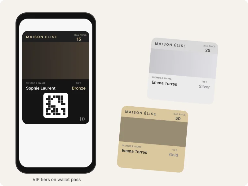 Fashion brand VIP wallet pass showing Gold and Silver tier cards with member details