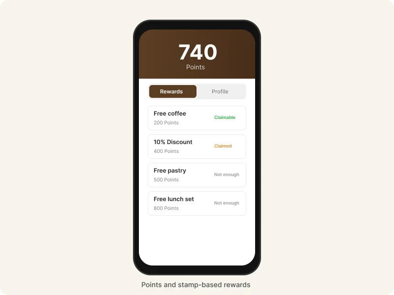 Food brand rewards profile showing points balance and stamp card progress