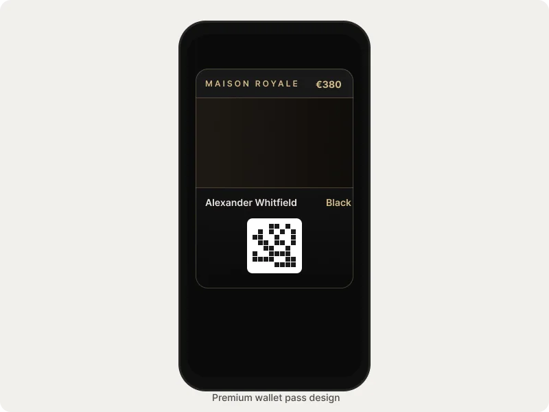 Premium luxury wallet pass design with gold accents and brand identity