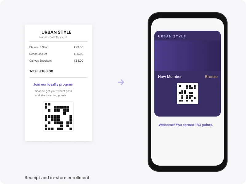 In-store enrollment with receipt QR code for instant wallet pass