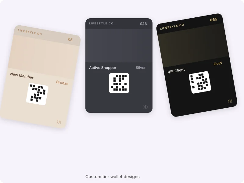 Custom tier wallet pass designs showing Bronze, Silver, and Gold levels